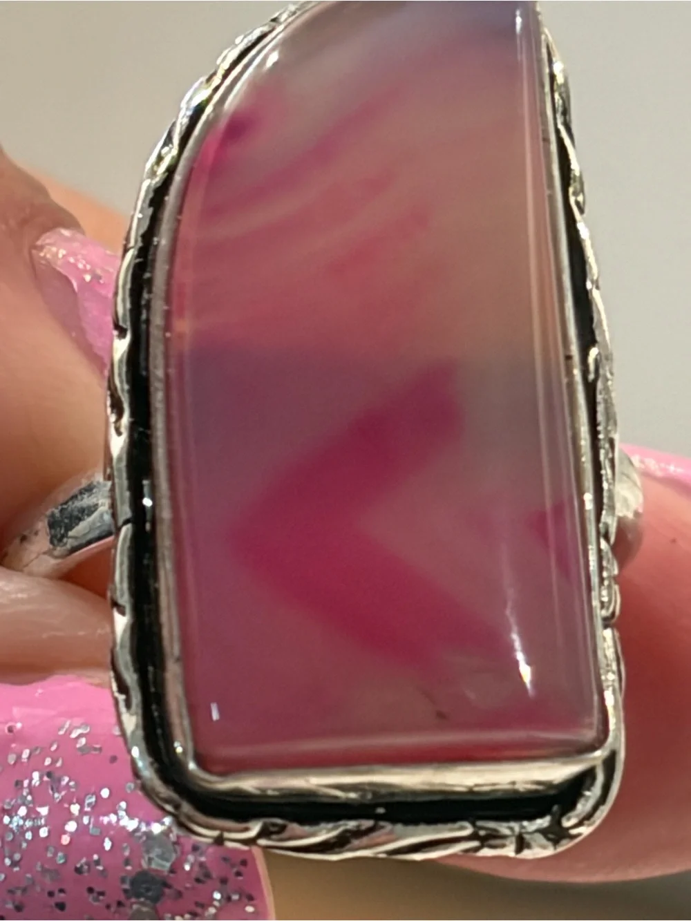 Vintage Sterling Silver 925 Pink Agate Statement Ring - Size 7